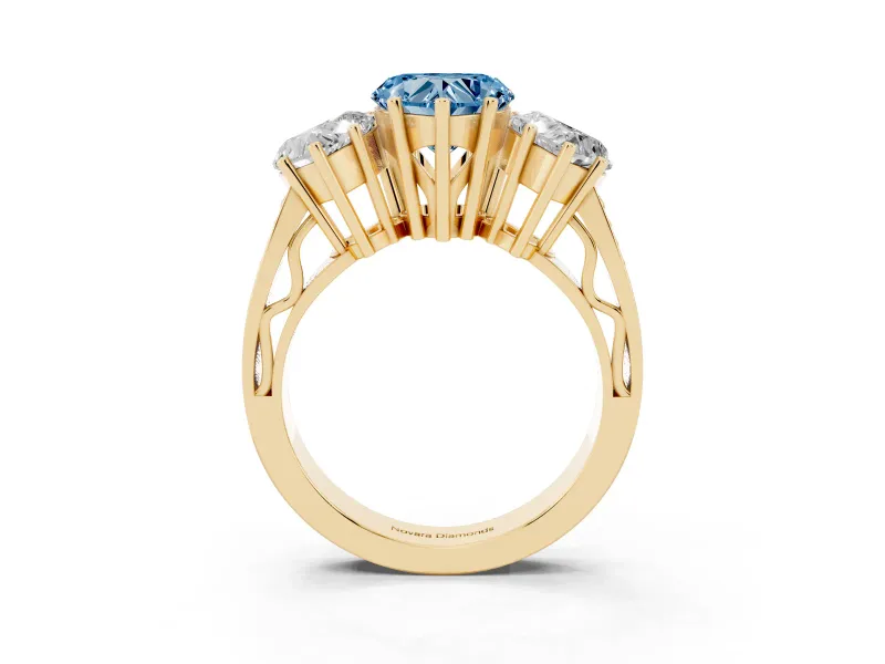 Heart-Shaped Three Stone Engagement Ring Setting for a Fancy Blue Lab-Grown Diamond | Beaded Shoulders | Yellow Gold