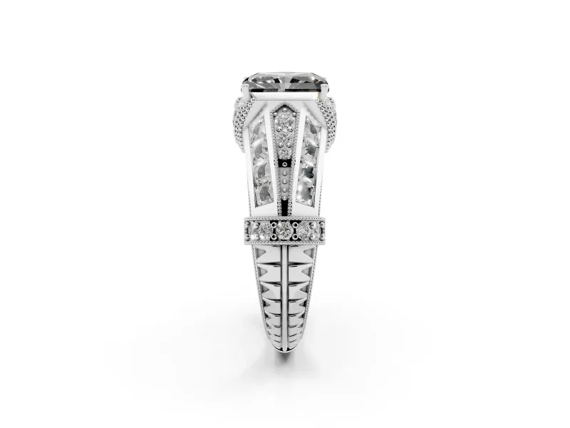 Fancy Black Radiant Cut Diamond Vintage-Inspired Milgrain Ring Set in Platinum with Accent Split Shank