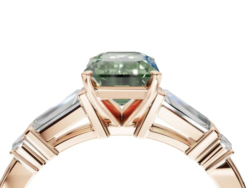 Emerald Cut Tapered Baguette Engagement Ring Setting for a Fancy Green Lab-Grown Diamond | Rose Gold