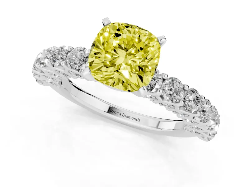 Cushion Cut Shared Prong Engagement Ring Setting for a Fancy Yellow Lab-Grown Diamond | White Gold