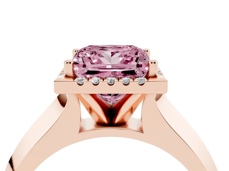 Fancy Pink Princess Cut Diamond Halo Ring Set in Rose gold with Cathedral Band and Prong Setting