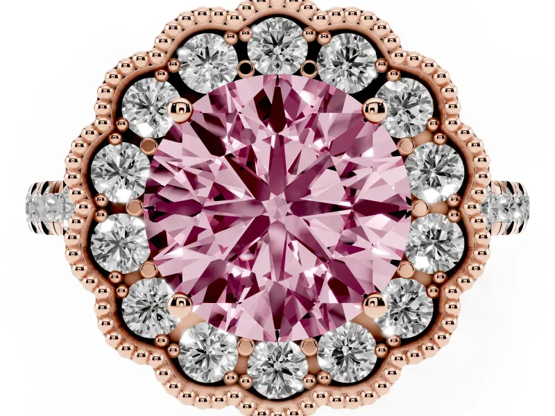 Fancy Pink Round Cut Diamond Milgrain Floral Halo Engagement Ring Set in Rose gold with Pavé Band