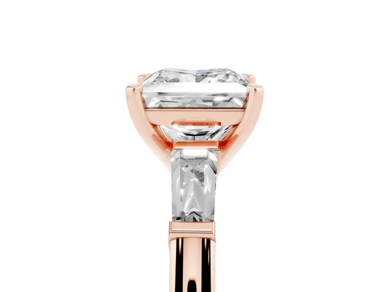 Princess Cut Three Stone Engagement Ring Setting | Tapered Baguettes | Rose Gold