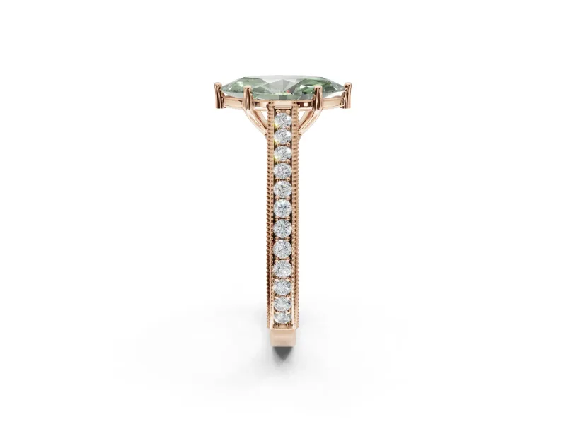 Marquise Vintage Engraved Pavé Engagement Ring Setting for a Fancy Green Lab-Grown Diamond | Milgrain Edges | Rose Gold