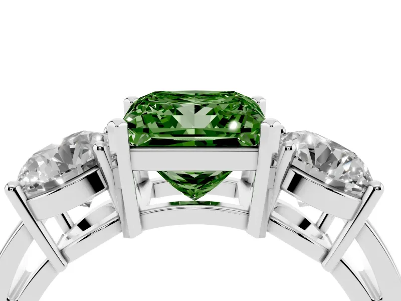 Princess Cut Three Stone Engagement Ring Setting for a Fancy Green Lab-Grown Diamond | Wide Plain Band | Sterling Silver