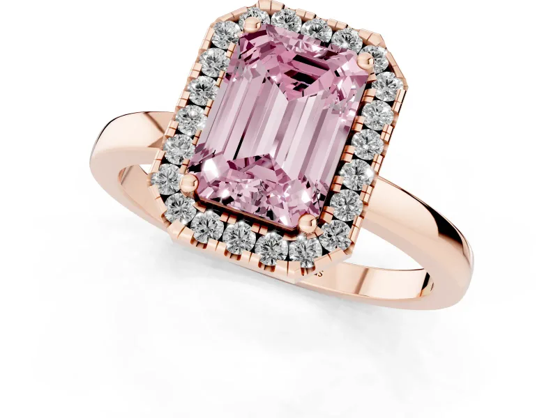 Fancy Pink Emerald Cut Diamond Halo Solitaire Ring Set in Rose gold with Pavé Band and Prong Setting