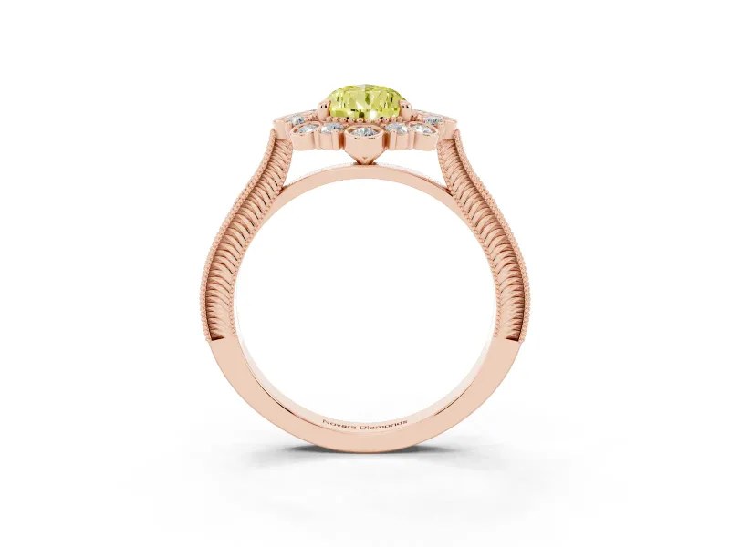 Fancy Yellow Pear Cut Diamond Halo Milgrain Pavé Ring Set in Rose gold with Prong Setting
