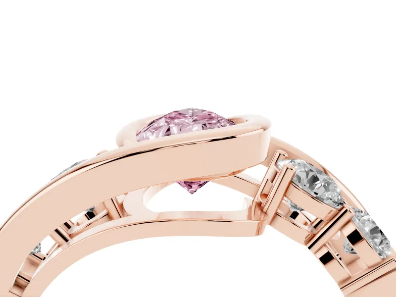 Fancy Pink Pear Cut Diamond Bezel Bypass Ring Set in Rose gold with Round Accents