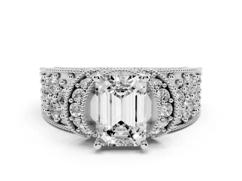 Emerald Cut Diamond Milgrain Halo Pavé Engagement Ring Set in White gold with Prong Setting