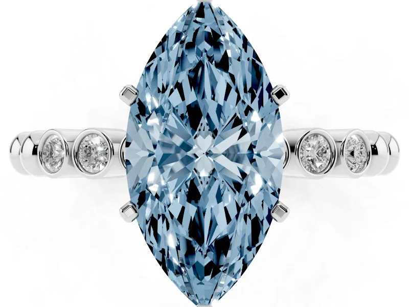 Fancy Blue Marquise Cut Diamond Solitaire Engagement Ring Set in Silver with Bezel Accents on Beaded Band