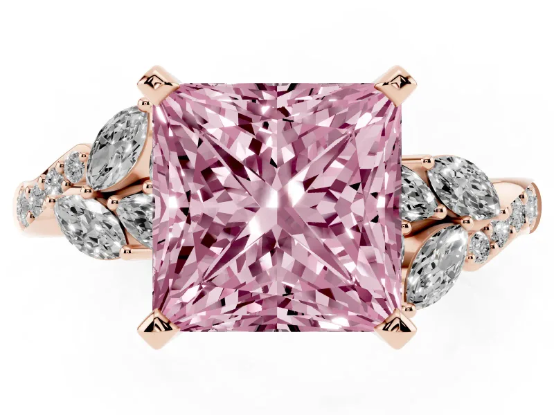 Princess Cut Floral Engagement Ring Setting for a Fancy Pink Lab-Grown Diamond | Marquise Side Stones | Rose Gold