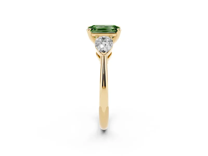 Fancy Green Three-Stone Emerald Cut Diamond Ring Set in Yellow gold with Pear Side Stones and Prong Setting