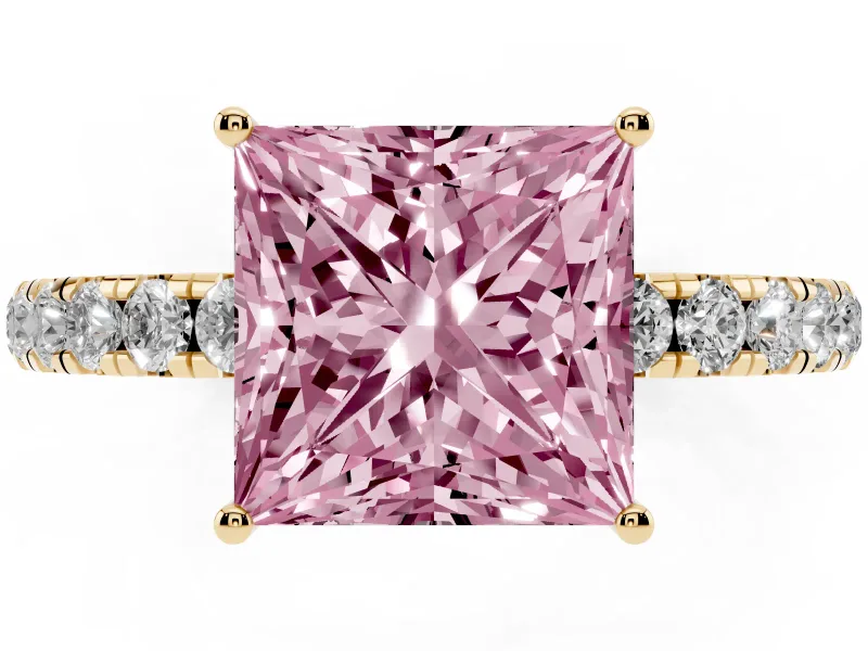 Princess Cut Pave Engagement Ring Setting for a Fancy Pink Lab-Grown Diamond | Shared Prong Band | Yellow Gold
