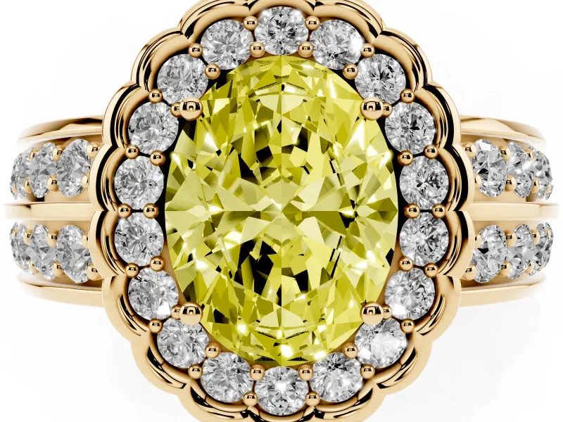 Fancy Yellow Oval Cut Diamond Scalloped Halo Ring Set in Yellow gold with Pavé Split Shank