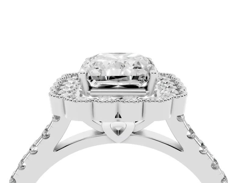Radiant Cut Vintage Milgrain Floral Halo Engagement Ring Setting | Pavé Band | White Gold