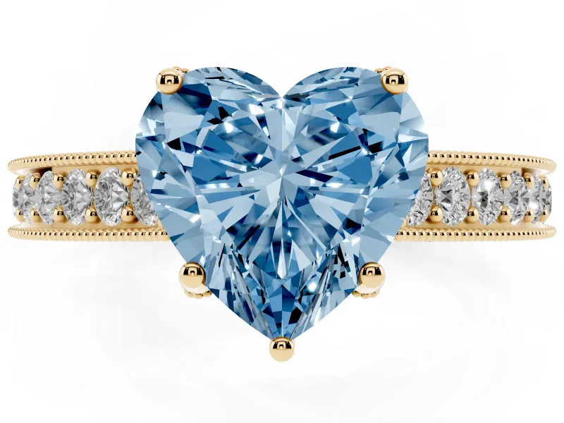 Heart-Shaped Hidden Halo Engagement Ring Setting for a Fancy Blue Lab-Grown Diamond | Milgrain Pave | Yellow Gold