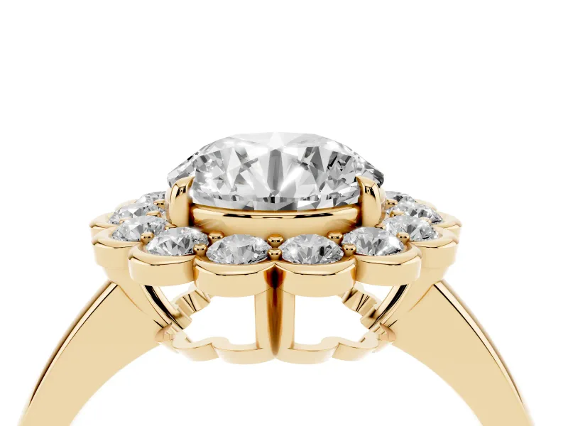Round Scalloped Cluster Halo Engagement Ring Setting | Plain Band | Yellow Gold