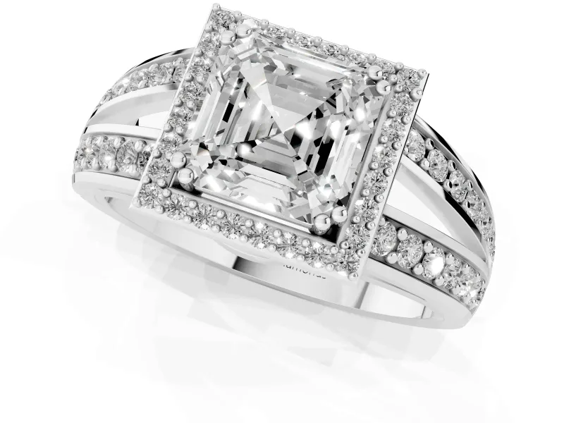Asscher Cut Halo Engagement Ring Setting | Two-Row Pave Split Shank | White Gold