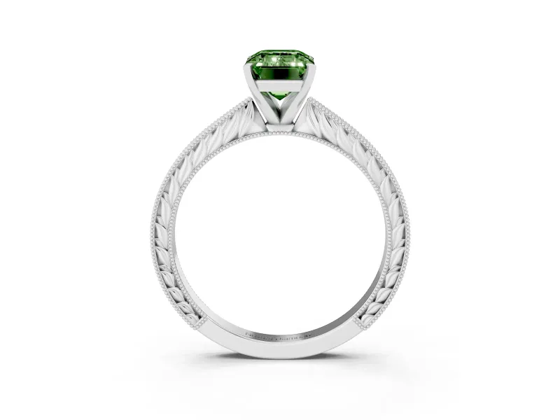 Fancy Green Emerald Cut Diamond Solitaire Milgrain Engraved Band Set in Platinum with Prong Setting