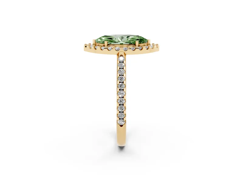 Marquise Pave Halo Engagement Ring Setting for a Fancy Green Lab-Grown Diamond | Pave Band | Yellow Gold