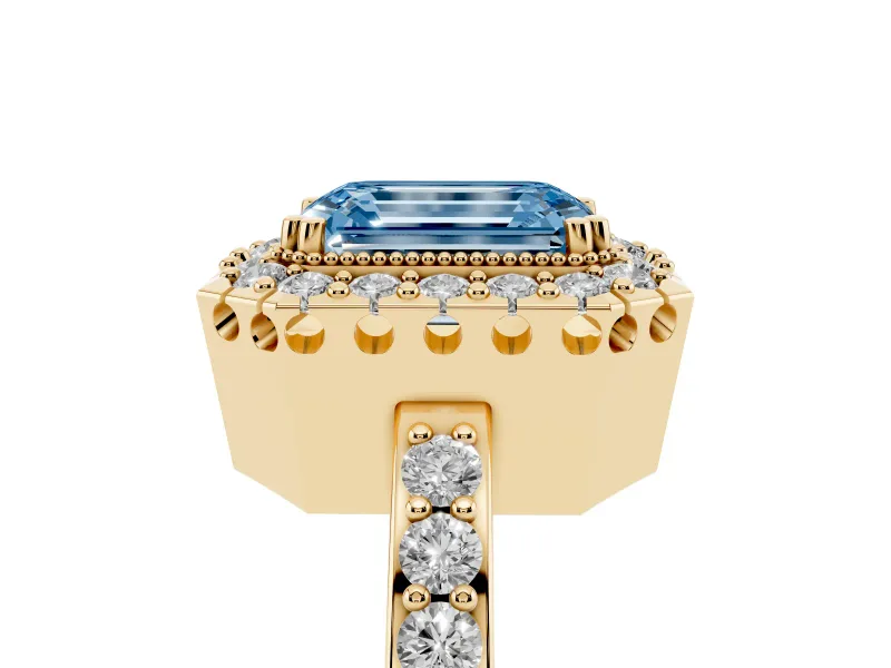 Emerald Cut Milgrain Halo Engagement Ring Setting for a Fancy Blue Lab-Grown Diamond | Pavé Shoulders | Yellow Gold