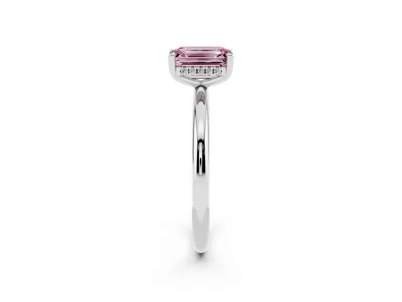 Fancy Pink Emerald Cut Diamond Solitaire Engagement Ring Set in Platinum with Prong Setting and Polished Band