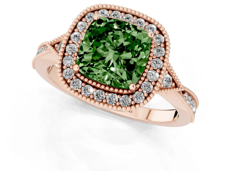 Fancy Green Cushion Cut Diamond Halo Engagement Ring Set in Rose gold with Milgrain Pavé Band