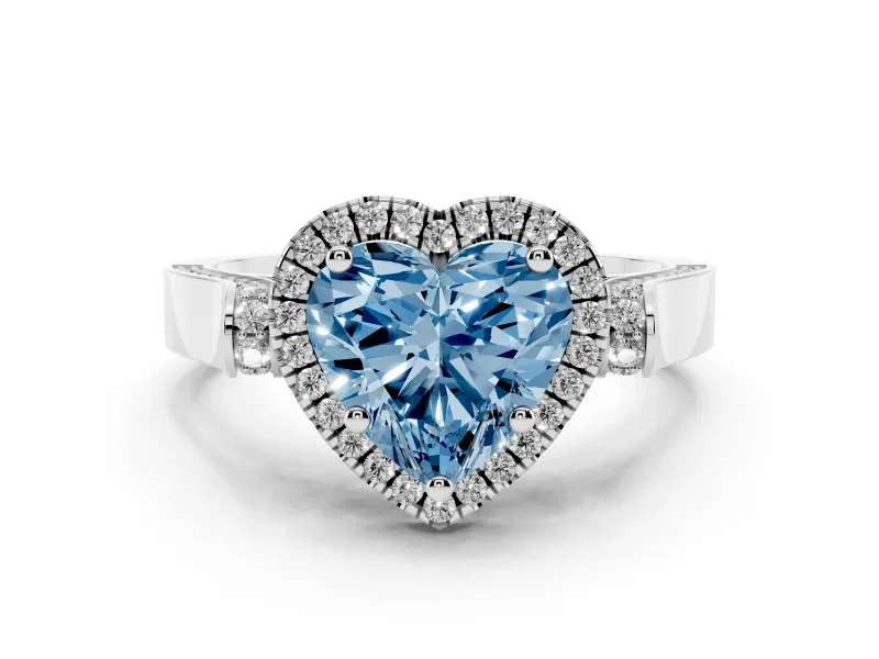 Fancy Blue Heart Cut Diamond Halo Ring Set in White gold with Twist Band and Pavé Accents