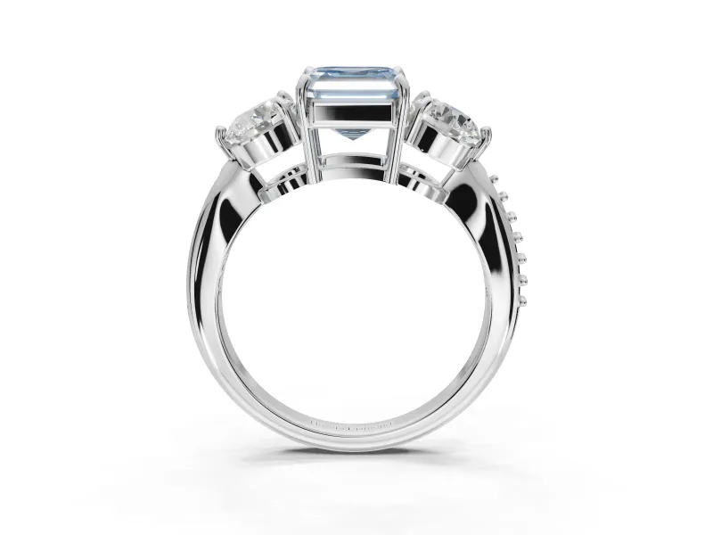 Asscher Cut Three Stone Engagement Ring Setting for a Fancy Blue Lab-Grown Diamond | Tapered Pave Band | White Gold