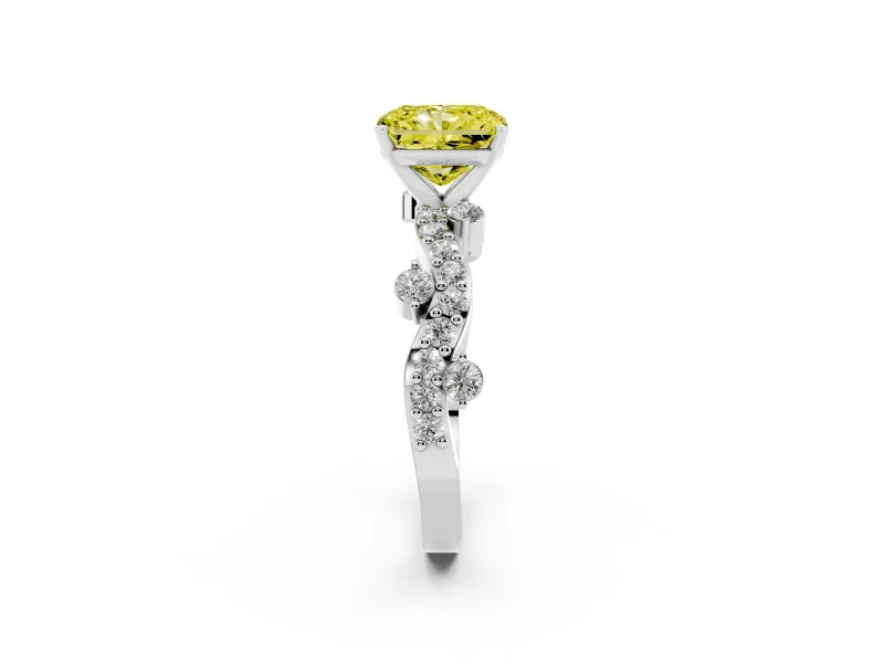 Fancy Yellow Radiant Cut Diamond Solitaire Twisted Band Set in White gold with Pavé Setting