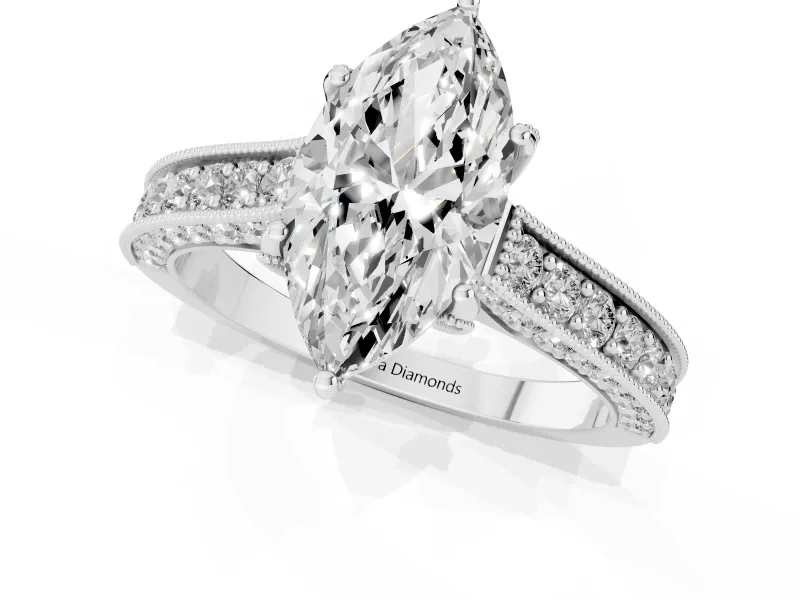 Marquise Vintage Hidden Halo Engagement Ring Setting | Milgrain Pave Band | White Gold