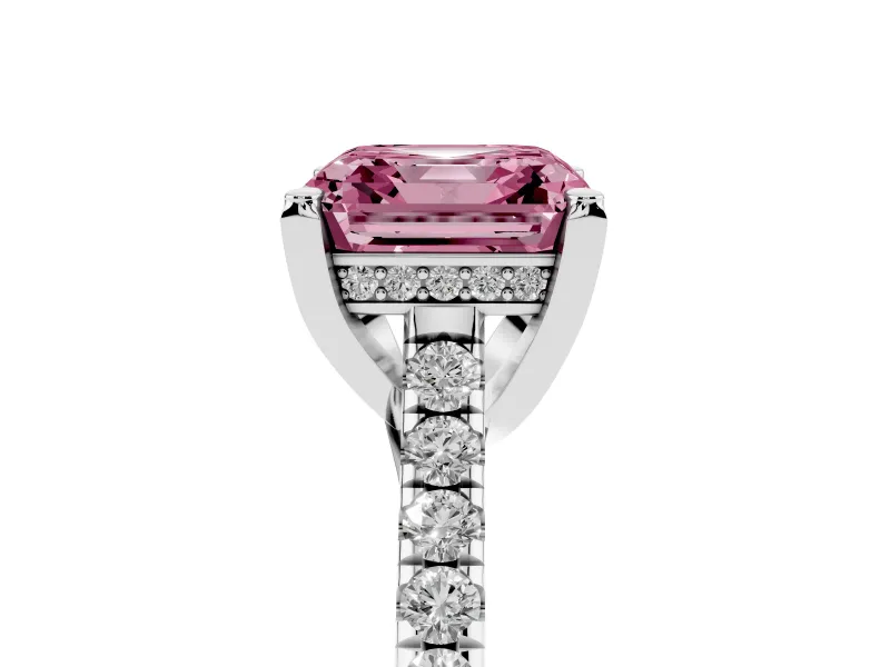 Asscher Cut Hidden Halo Pave Engagement Ring Setting for a Fancy Pink Lab-Grown Diamond | Claw Prongs | Sterling Silver