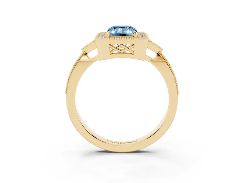 Emerald Cut Milgrain Halo Engagement Ring Setting for a Fancy Blue Lab-Grown Diamond | Graduated Pavé | Yellow Gold