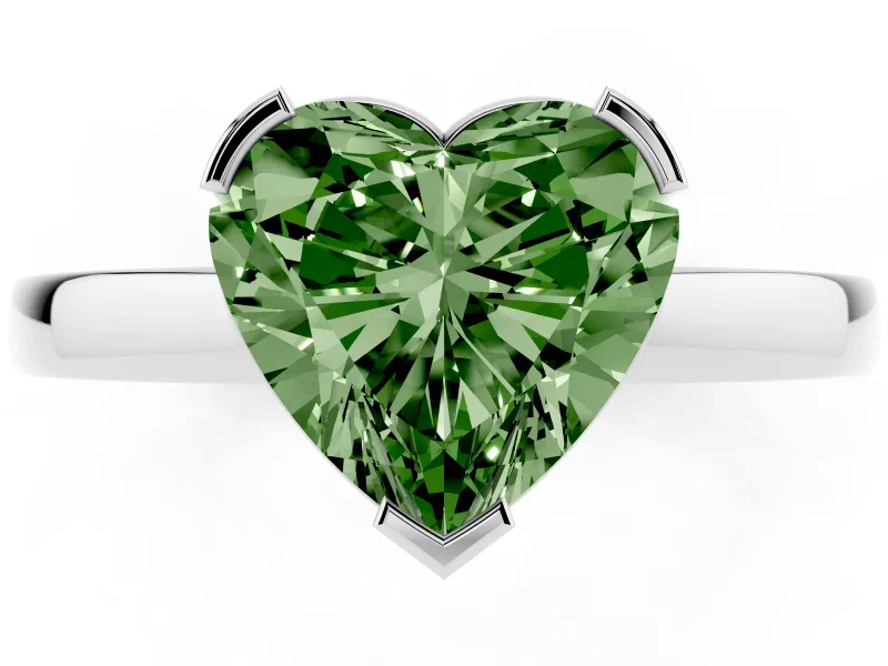Fancy Green Heart Cut Diamond Solitaire Ring Set in Platinum with Prong Head and Smooth Polished Band