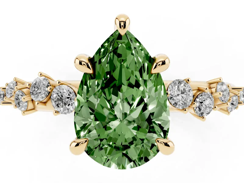Fancy Green Pear Cut Diamond Solitaire Vine Band Ring Set in Yellow gold with Round Accents and Prong Setting