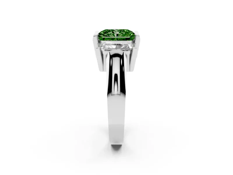Radiant Cut Channel-Set Three Stone Engagement Ring Setting for a Fancy Green Lab-Grown Diamond | Platinum