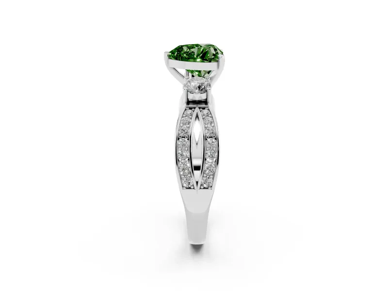 Heart-Shaped Three-Stone Twist Engagement Ring Setting for a Fancy Green Lab-Grown Diamond | White Gold