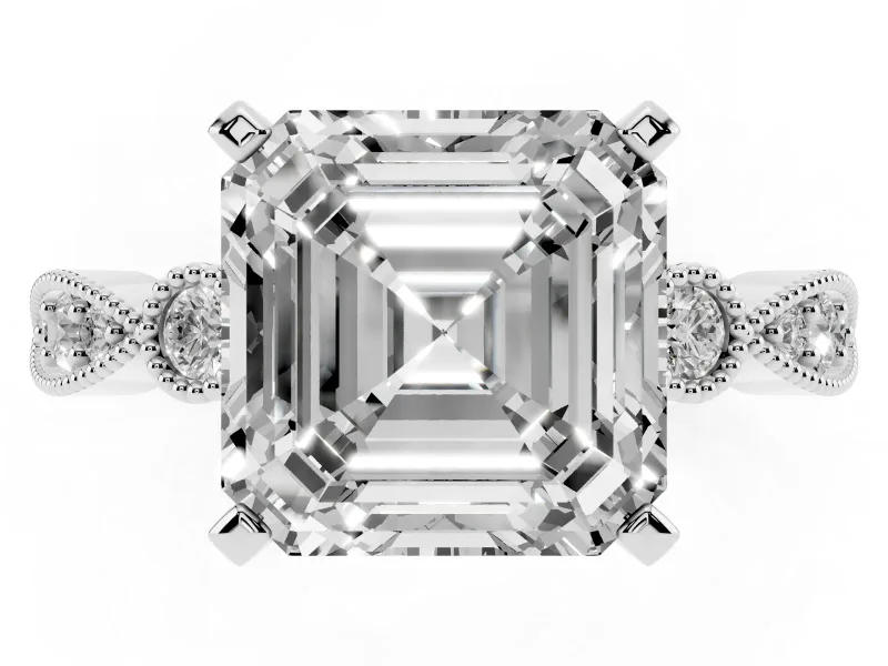 Asscher Cut Diamond Solitaire Engagement Ring Set in Platinum with Milgrain Bezel Accent Band