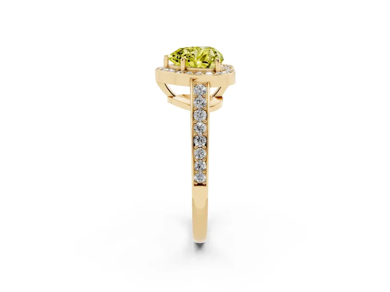 Fancy Yellow Heart Cut Diamond Halo Pavé Engagement Ring Set in Yellow gold with Bezel Setting