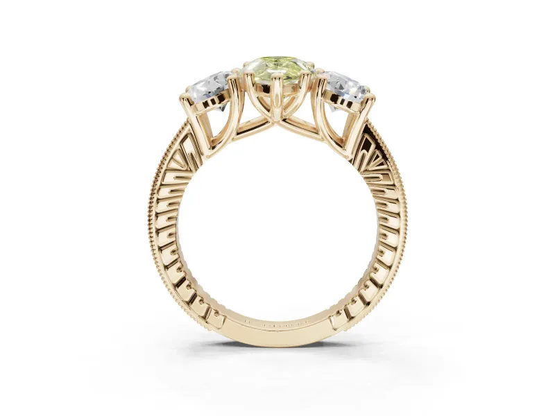 Pear-Shaped Vintage Three Stone Engagement Ring Setting for a Fancy Yellow Lab-Grown Diamond | Yellow Gold