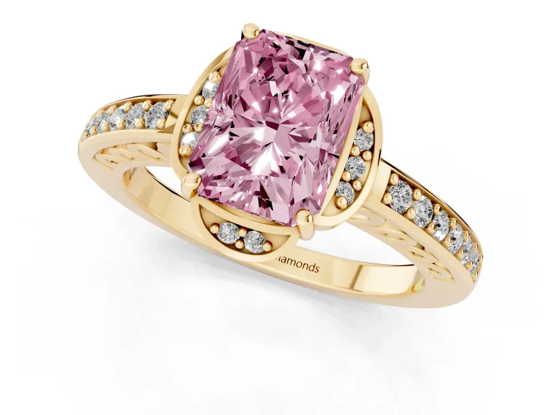 Radiant Cut Floral Pavé Engagement Ring Setting for a Fancy Pink Lab-Grown Diamond | Yellow Gold