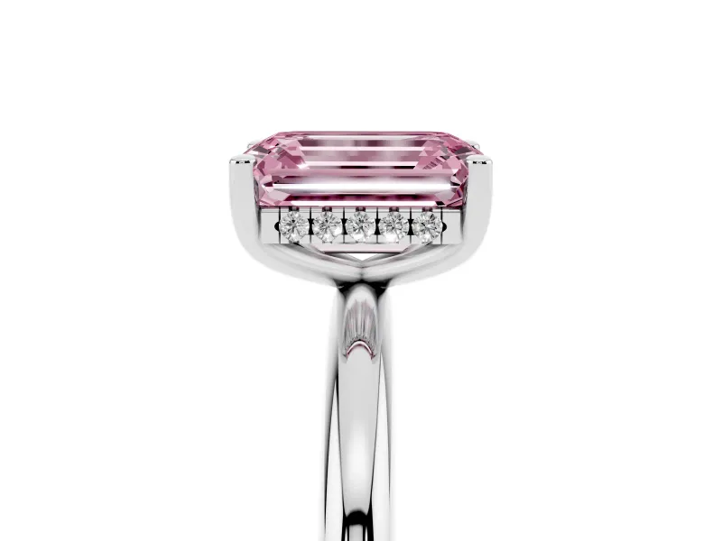 Fancy Pink Emerald Cut Diamond Solitaire Engagement Ring Set in Silver with Prong Setting and Polished Band