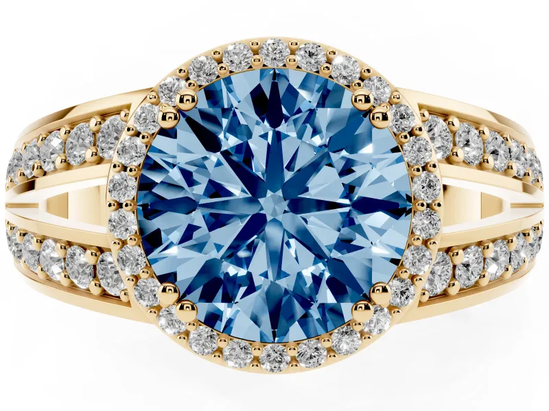 Round Halo Engagement Ring Setting for a Fancy Blue Lab-Grown Diamond | Split Shank | Yellow Gold