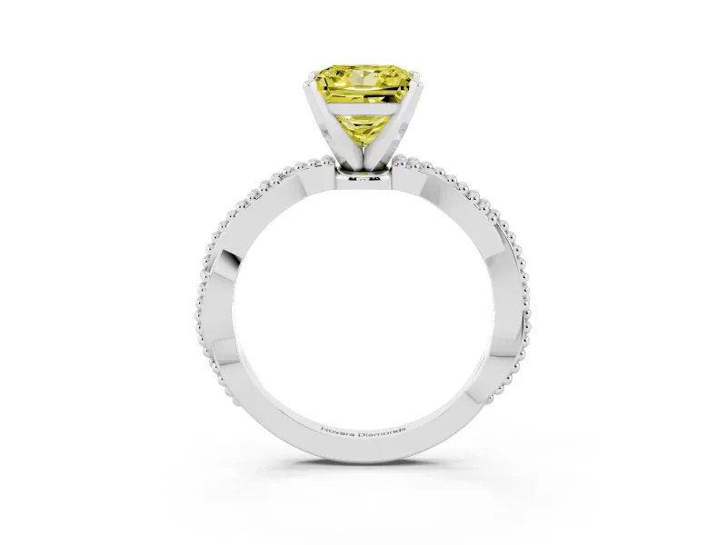 Fancy Yellow Princess Cut Diamond Solitaire Ring Set in White gold with Twisted Band and Bead Prong Setting