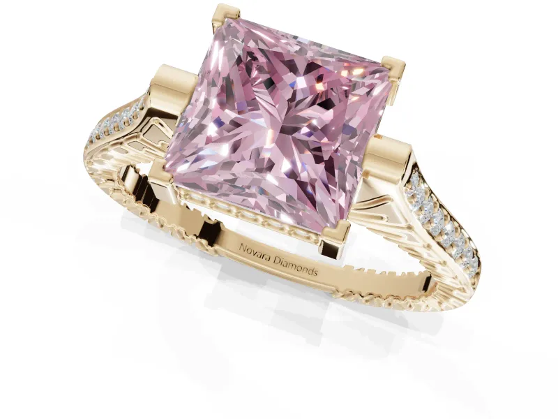 Princess Cut Vintage Cathedral Engagement Ring Setting for a Fancy Pink Lab-Grown Diamond | Carved Band | Yellow Gold