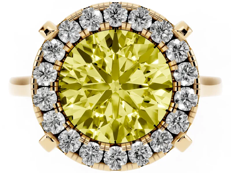 Round Halo Engagement Ring Setting for a Fancy Yellow Lab-Grown Diamond | Claw Corners | Yellow Gold