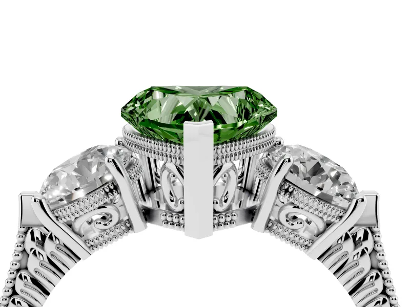 Heart-Shaped Vintage Three Stone Engagement Ring Setting for a Fancy Green Lab-Grown Diamond | Milgrain Band | Platinum