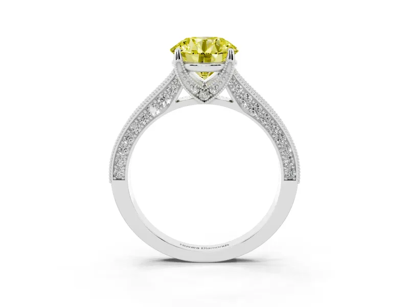 Round Hidden Halo Engagement Ring Setting for a Fancy Yellow Lab-Grown Diamond | Milgrain Pave | Sterling Silver