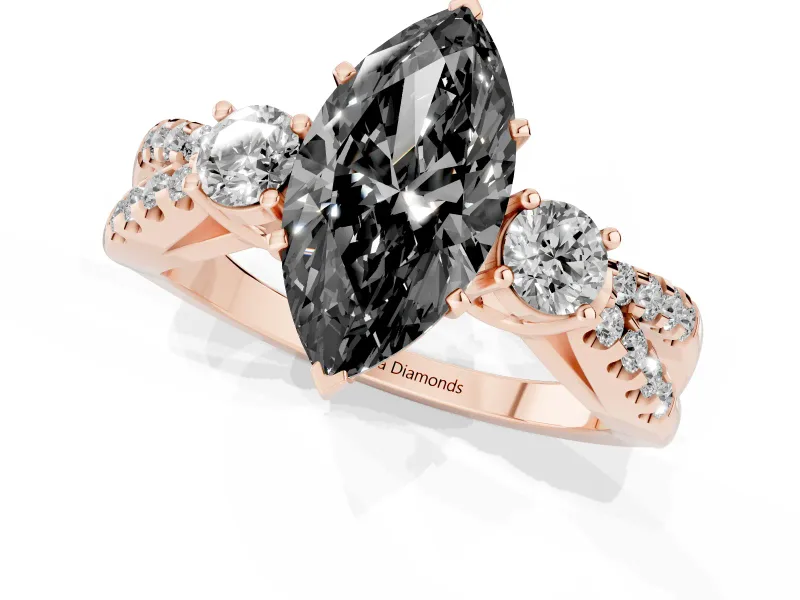 Fancy Black Marquise Cut Diamond Three-Stone Ring Set in Rose gold with Pavé Split Shank and Prong Setting