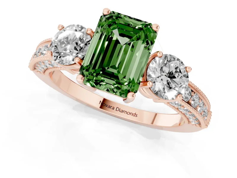 Fancy Green Emerald Cut Diamond Three-Stone Ring Set in Rose gold with Round Side Stones and Pavé Band